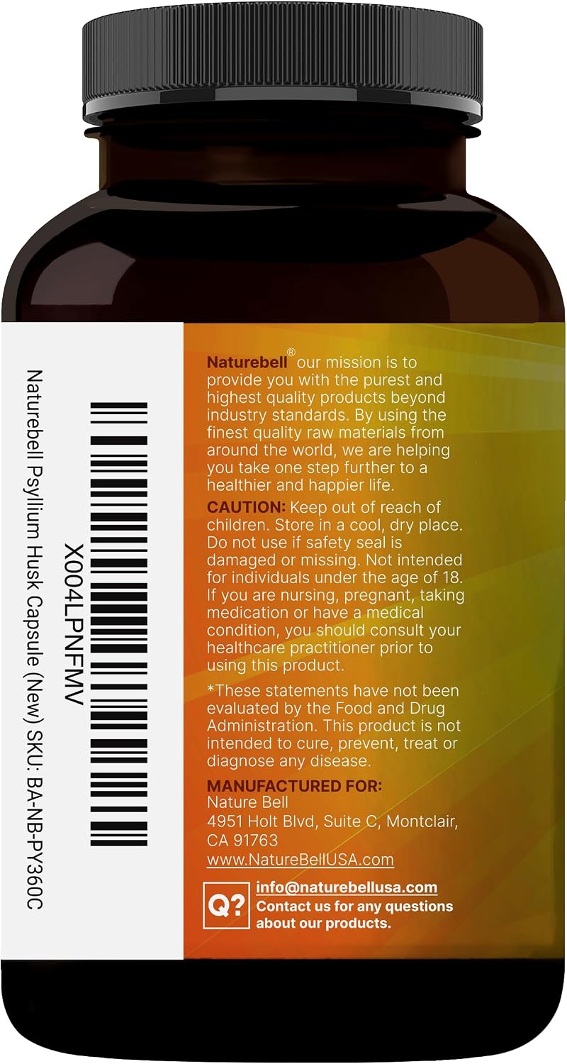 NatureBell Psyllium Husk Fiber Capsules 2,000mg Per Serving, 360 Caps | Soluble Fiber Supplement | 3-in-1 with Inulin & Chia Seed | Plant Based, Non-GMO, Gluten Free - PrimeBioHealth - canada supplements