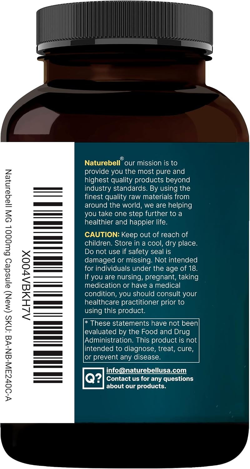 NatureBell Pure Magnesium Glycinate 1,000 mg, 240 Vegetarian Capsules | 1,000 mg Magnesium Glycinate Per Serving - Chelated Magnesium Form with Vitamin C – Non-GMO, Filler Free, cGMP Manufactured - PrimeBioHealth - canada supplements