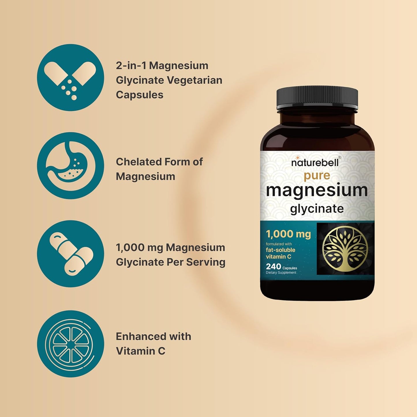 NatureBell Pure Magnesium Glycinate 1,000 mg, 240 Vegetarian Capsules | 1,000 mg Magnesium Glycinate Per Serving - Chelated Magnesium Form with Vitamin C – Non-GMO, Filler Free, cGMP Manufactured - PrimeBioHealth - canada supplements