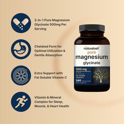 Naturebell Pure Magnesium Glycinate 500mg, 240 Veggie Capsules | 100% Chelated & Purified – 3rd Party Tested, Vegan Friendly, Non-GMO, Filler Free - PrimeBioHealth - canada supplements