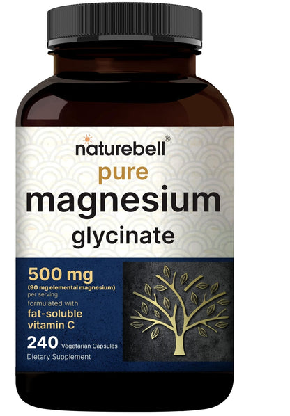 Naturebell Pure Magnesium Glycinate 500mg, 240 Veggie Capsules | 100% Chelated & Purified – 3rd Party Tested, Vegan Friendly, Non-GMO, Filler Free - PrimeBioHealth - canada supplements