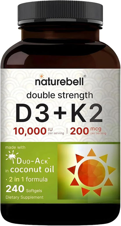 NatureBell Vitamin Double Strength D3 + K2-240 Softgels - 10,000 IU Vitamin D & 200mcg K2 - Bone Strength, Immune Function & Calcium Absorption Support* - Coconut Oil Infused - PrimeBioHealth - canada supplements
