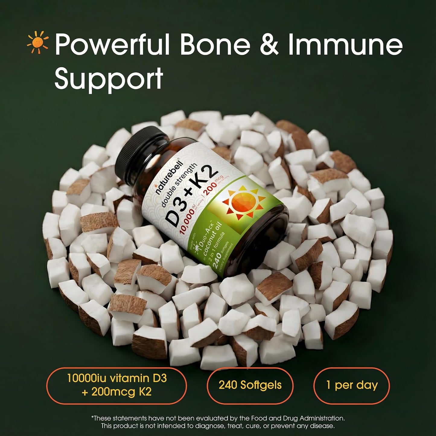 NatureBell Vitamin Double Strength D3 + K2-240 Softgels - 10,000 IU Vitamin D & 200mcg K2 - Bone Strength, Immune Function & Calcium Absorption Support* - Coconut Oil Infused - PrimeBioHealth - canada supplements