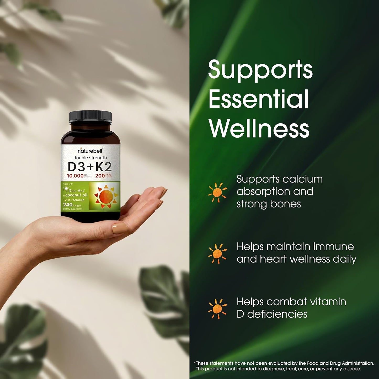 NatureBell Vitamin Double Strength D3 + K2-240 Softgels - 10,000 IU Vitamin D & 200mcg K2 - Bone Strength, Immune Function & Calcium Absorption Support* - Coconut Oil Infused - PrimeBioHealth - canada supplements