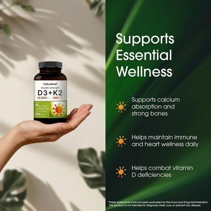 NatureBell Vitamin Double Strength D3 + K2-240 Softgels - 10,000 IU Vitamin D & 200mcg K2 - Bone Strength, Immune Function & Calcium Absorption Support* - Coconut Oil Infused - PrimeBioHealth - canada supplements