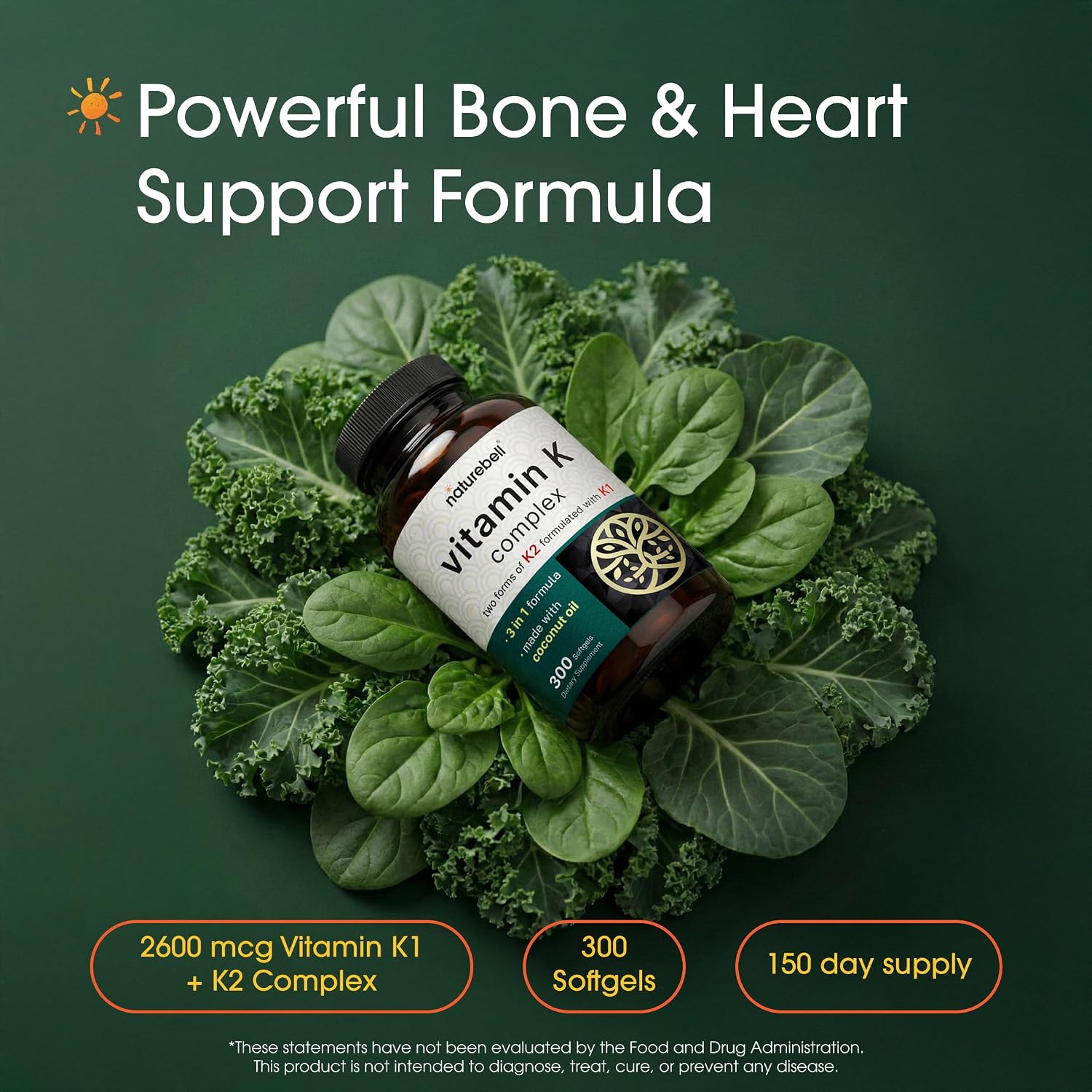 NatureBell Vitamin K Complex - 300 Softgels - Delivers 2,600mcg Vitamin K - Full Spectrum Bone & Heart Health Support Supplement - High Absorption K1 & K2 MK-4 & MK-7* - PrimeBioHealth - canada supplements