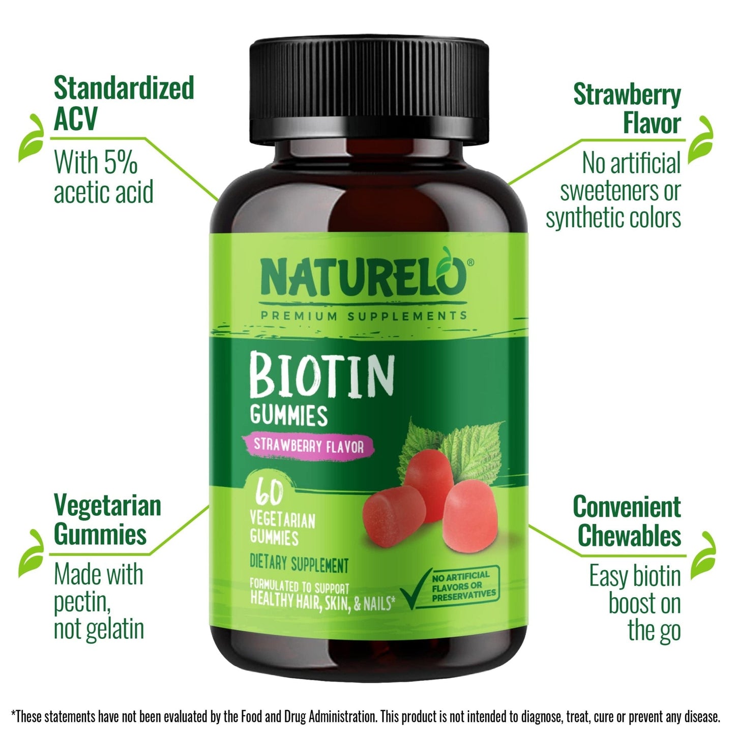 NATURELO Biotin Gummies - Supports Healthy Hair, Skin & Nails - High Potency 2500 mcg - Non GMO, Gluten Free - 60 Gummies - PrimeBioHealth - canada supplements