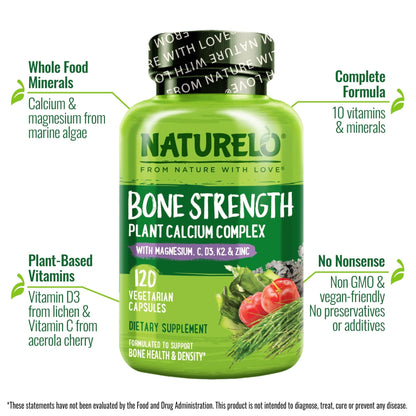 NATURELO Calcium Supplement - with Vitamin C, Vitamin D3, K2, and Calcium Magnesium Zinc for Bone Strength with Calcium 600mg - Plant-Based, 120 Vegetarian Capsules - PrimeBioHealth - canada supplements