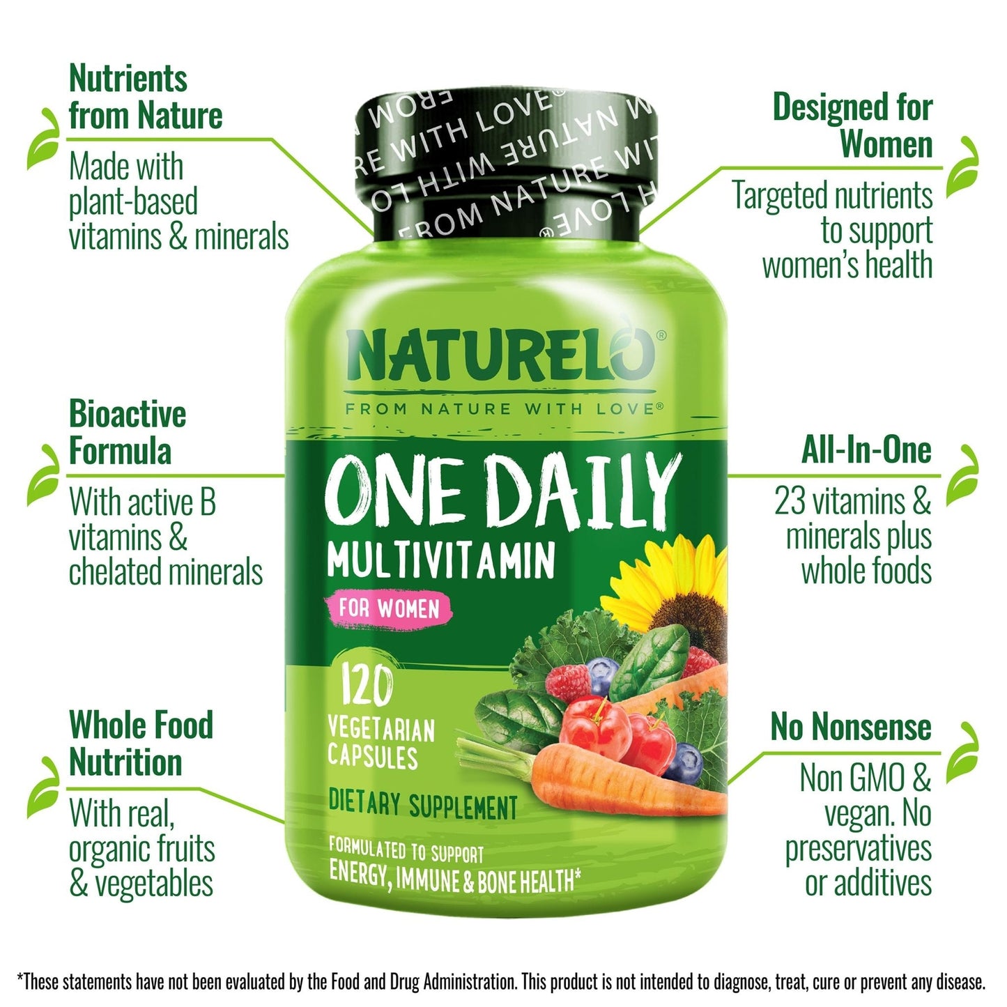 NATURELO One Daily Multivitamin for Women w/Vitamin B12, 120 Ct, Energy Support, Whole Food Daily Women Multivitamin Supplement, Nourish Hair/Skin/Nail, Non-GMO - PrimeBioHealth - canada supplements