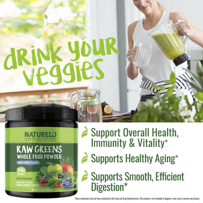 NATURELO Raw Greens Superfood Powder 240 Grams, Mixed Berry - Supports Energy, Immunity and Detox - Includes Spirulina, Wheat Grass and Organic Greens for Whole Food Nutrition - PrimeBioHealth - canada supplements