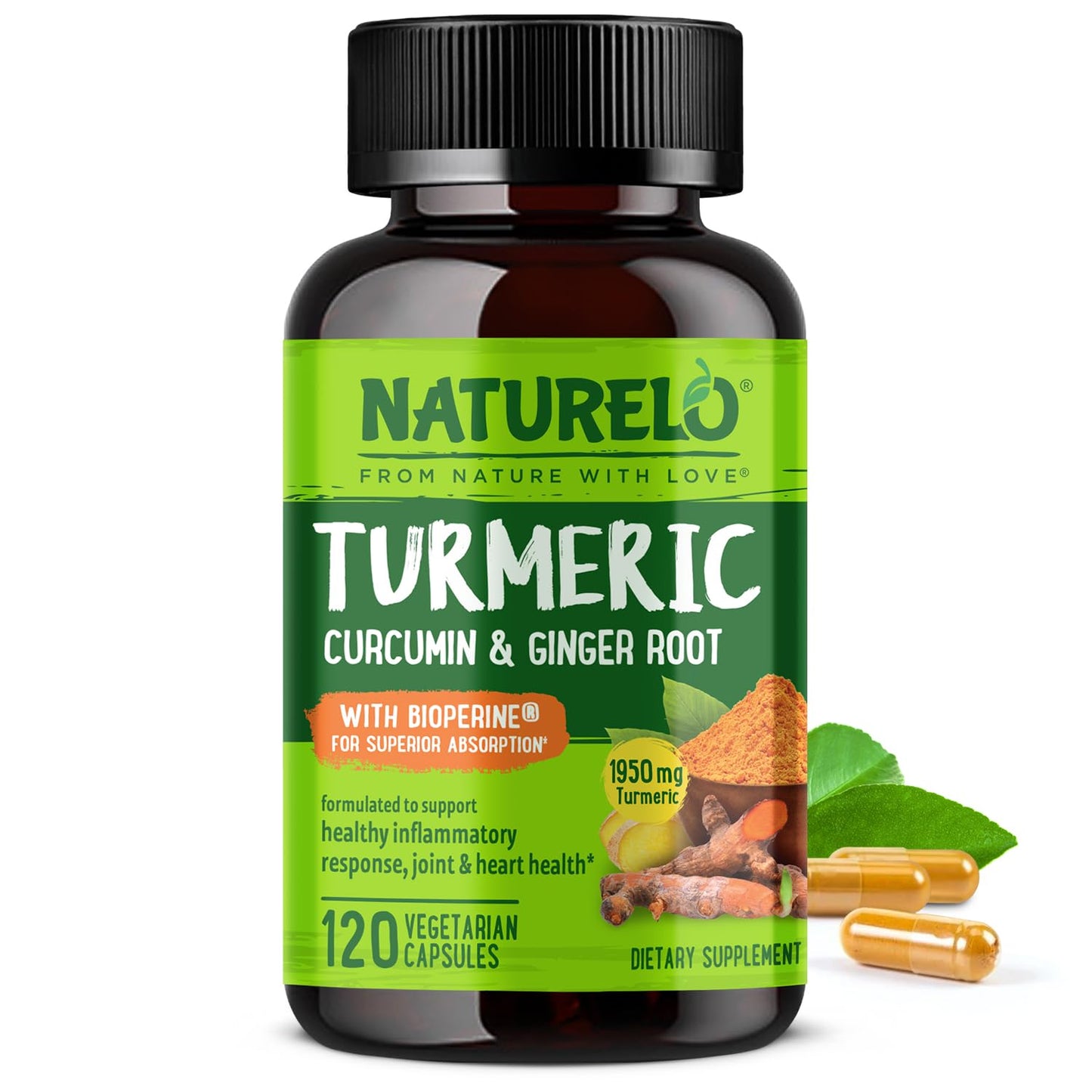 NATURELO Turmeric Curcumin - BioPerine for Better Absorption - Black Pepper, Ginger Root, Curcuminoids - Plant-Based Joint Discomfort Support - PrimeBioHealth - canada supplements