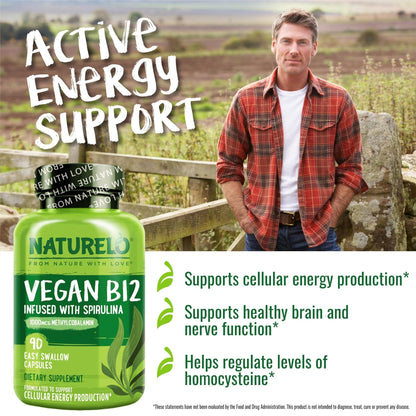 NATURELO Vegan B12 - Methyl B12 with Organic Spirulina - High Potency Vitamin B12 1000 mcg Methylcobalamin - Supports Healthy Mood - PrimeBioHealth - canada supplements