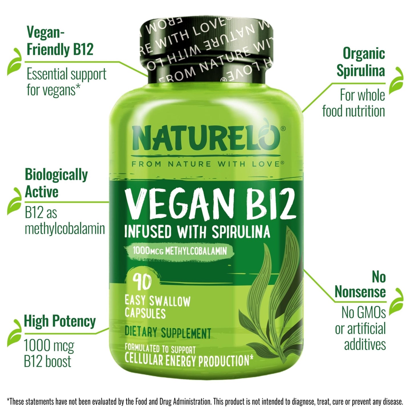 NATURELO Vegan B12 - Methyl B12 with Organic Spirulina - High Potency Vitamin B12 1000 mcg Methylcobalamin - Supports Healthy Mood - PrimeBioHealth - canada supplements
