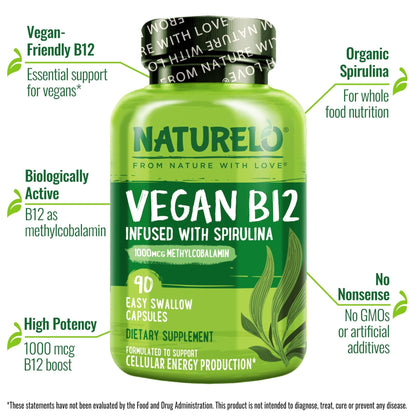 NATURELO Vegan B12 - Methyl B12 with Organic Spirulina - High Potency Vitamin B12 1000 mcg Methylcobalamin - Supports Healthy Mood - PrimeBioHealth - canada supplements
