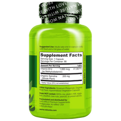 NATURELO Vegan B12 - Methyl B12 with Organic Spirulina - High Potency Vitamin B12 1000 mcg Methylcobalamin - Supports Healthy Mood - PrimeBioHealth - canada supplements