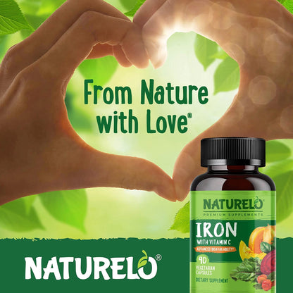 NATURELO Vegan Iron Supplement with Vitamin C and Organic Whole Foods - Gentle Iron Pills for Women & Men with Iron Deficiency Including Pregnancy - PrimeBioHealth - canada supplements