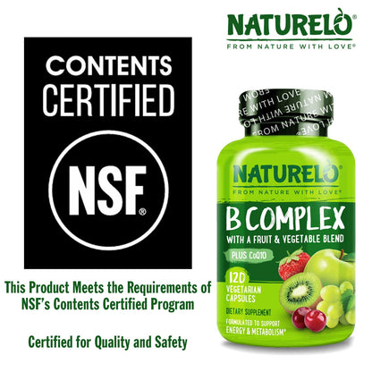 NATURELO Vitamin B Complex,120 Capsules, Vegan, CoQ10, Methyl Folate, Biotin, Fruit & Veg Blend, Supports Energy and Healthy Stress Response - PrimeBioHealth - canada supplements