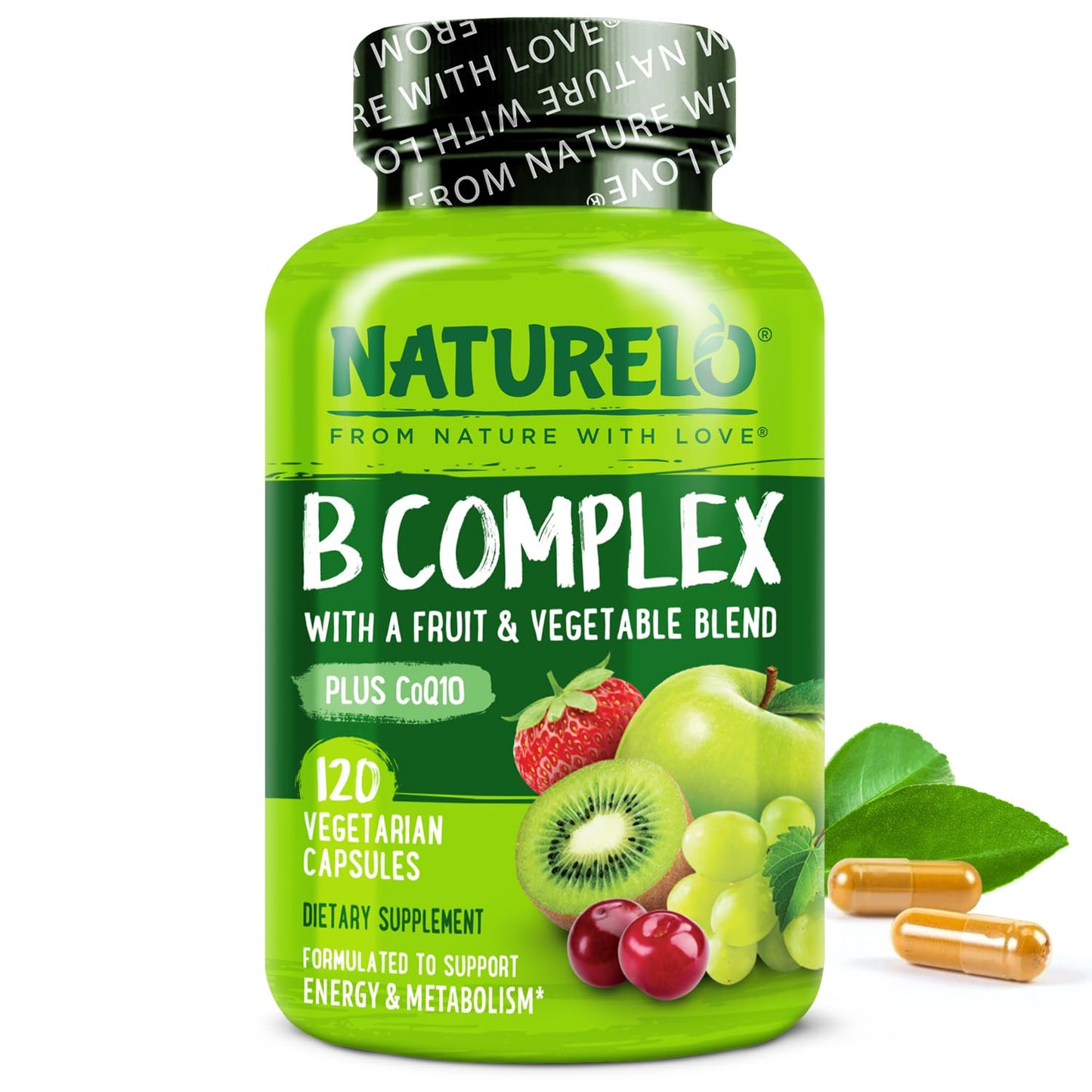 NATURELO Vitamin B Complex,120 Capsules, Vegan, CoQ10, Methyl Folate, Biotin, Fruit & Veg Blend, Supports Energy and Healthy Stress Response - PrimeBioHealth - canada supplements