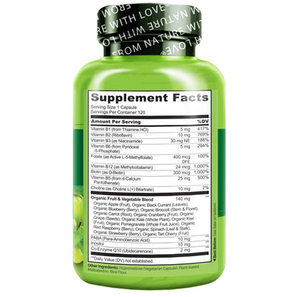 NATURELO Vitamin B Complex,120 Capsules, Vegan, CoQ10, Methyl Folate, Biotin, Fruit & Veg Blend, Supports Energy and Healthy Stress Response - PrimeBioHealth - canada supplements
