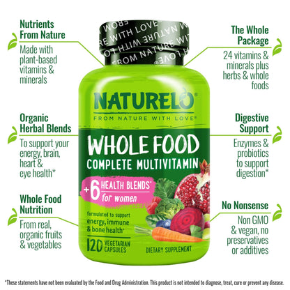 NATURELO Whole Food Multivitamin for Women - with Vitamins, Minerals, & Organic Extracts - Supplement for Energy and Heart Health - PrimeBioHealth - canada supplements