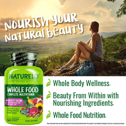 NATURELO Whole Food Multivitamin with Extra Hair, Skin and Nails Support - Beauty Blend with Hyaluronic Acid & Grape Seed - High Potency Biotin, Vitamin C - PrimeBioHealth - canada supplements