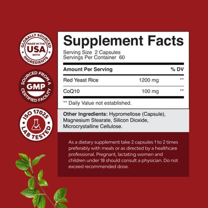 Natures Craft Red Yeast Rice with CoQ10 Supplement - Advanced Healthy Heart & Healthy Cholesterol Levels Formula for Men & Women - Red Yeast Rice Capsules with 1200 mg - PrimeBioHealth - canada supplements