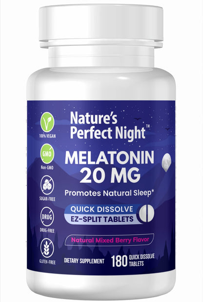 Nature's Perfect Night | Melatonin 20mg | 180 Quick Dissolve Tablets | Natural Mixed Berry Flavor |High Potency | Sugar Free - PrimeBioHealth - canada supplements
