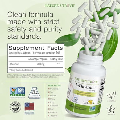 Nature's Trove L-Theanine 200mg Super Value Size - 365 Vegetarian Capsules - PrimeBioHealth - canada supplements
