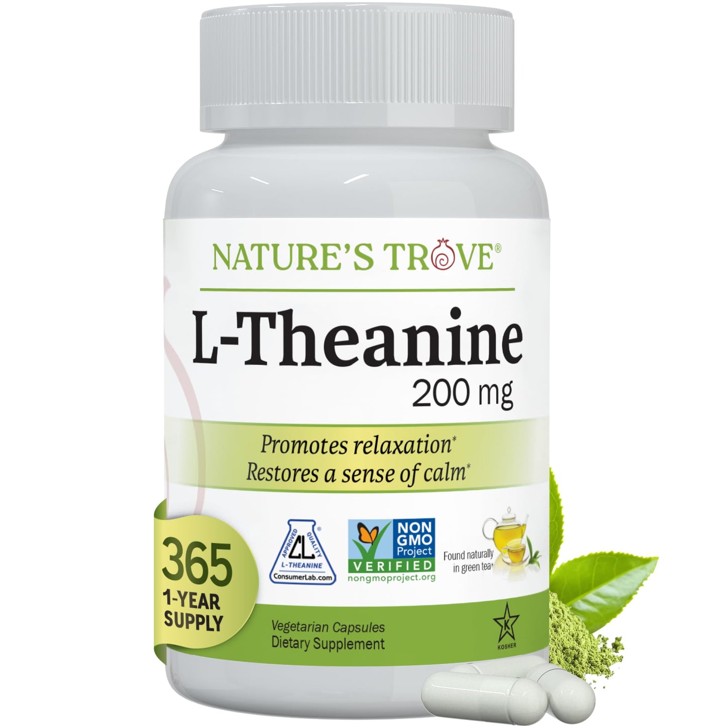 Nature's Trove L-Theanine 200mg Super Value Size - 365 Vegetarian Capsules - PrimeBioHealth - canada supplements