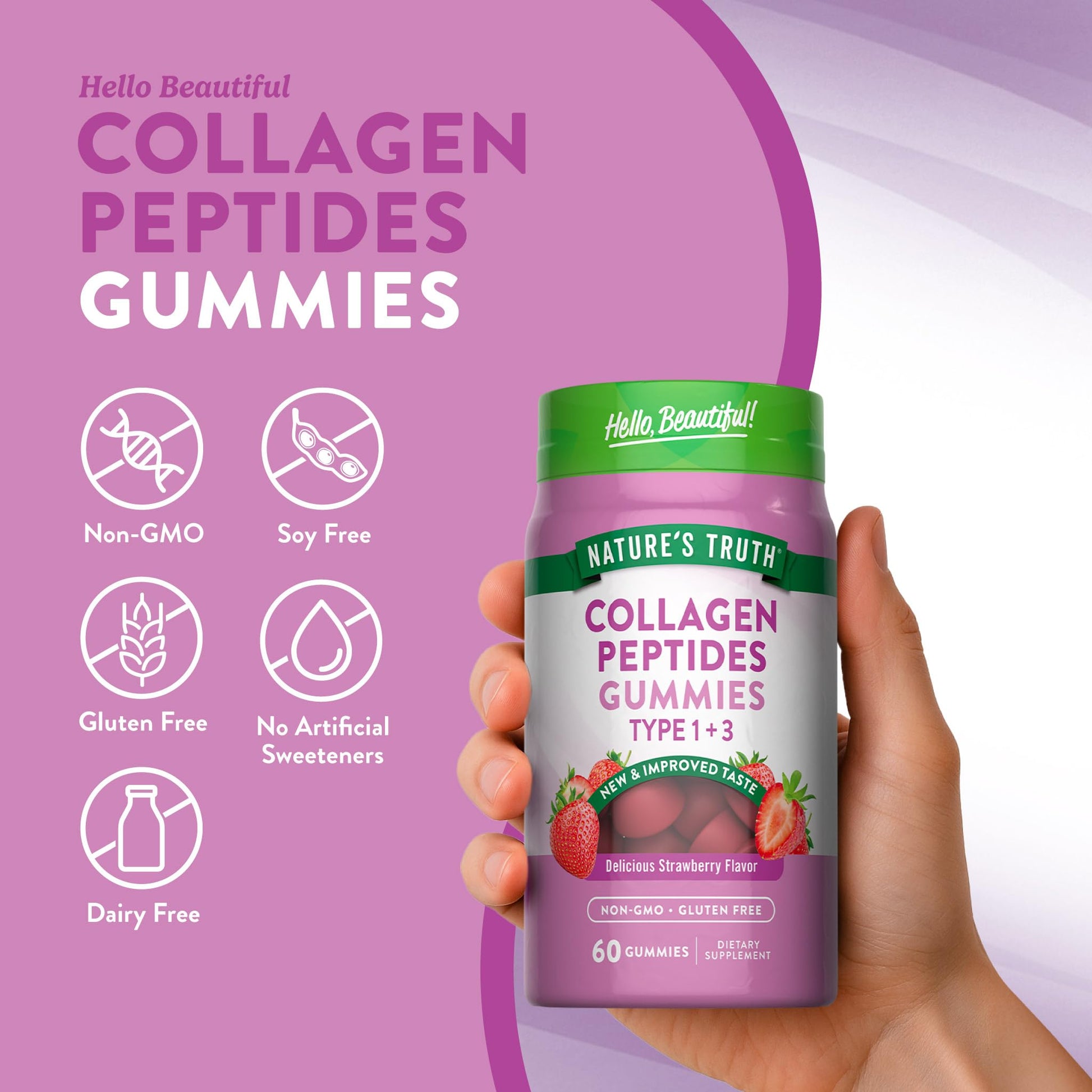 Nature's Truth Collagen Peptide Gummies for Women | 60 Count Type 1 and 3 | Strawberry Flavor - PrimeBioHealth - canada supplements