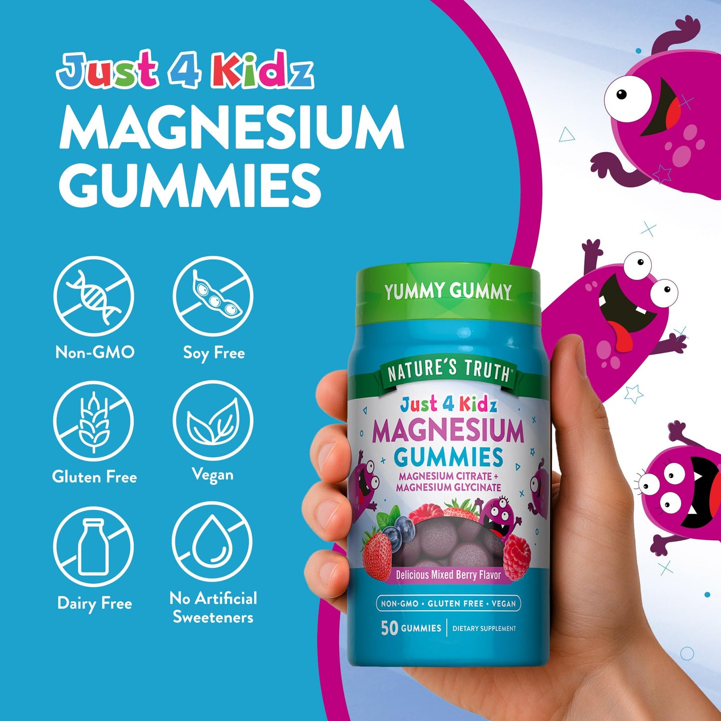 Nature's Truth Magnesium Gummies for Kids | Glycinate & Citrate | 50 Count | Mixed Berry Flavor | Vegan, Non-GMO - PrimeBioHealth - canada supplements