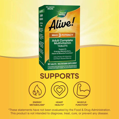 Nature's Way Alive! Max3 Potency Adult Complete Multivitamin, High Potency B-Vitamins to Support Energy Metabolism