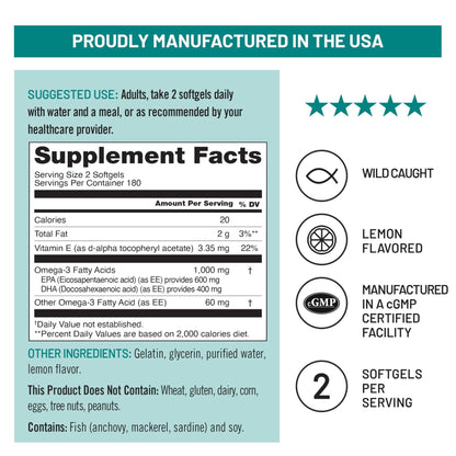 NatureWise Extra-Strength Omega 3 Fish Oil Supplement - 1000mg per Serving - 600 EPA & 400 DHA and Vitamin E - Support for Heart & Brain Health - Lemon Flavor - PrimeBioHealth - canada supplements