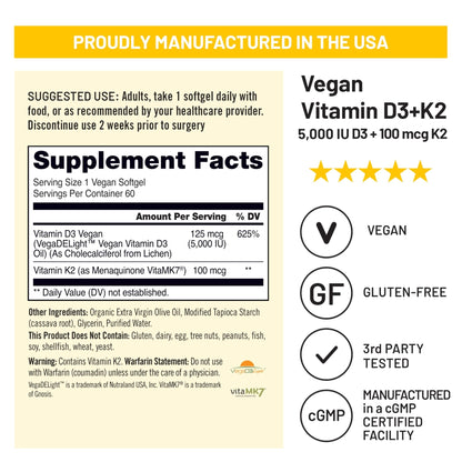 NatureWise Vegan Vitamin D3 + K2 - Natural D3 5000IU + Natural Vitamin K2 100mcg - Bone Support - High Absorption - PrimeBioHealth - canada supplements