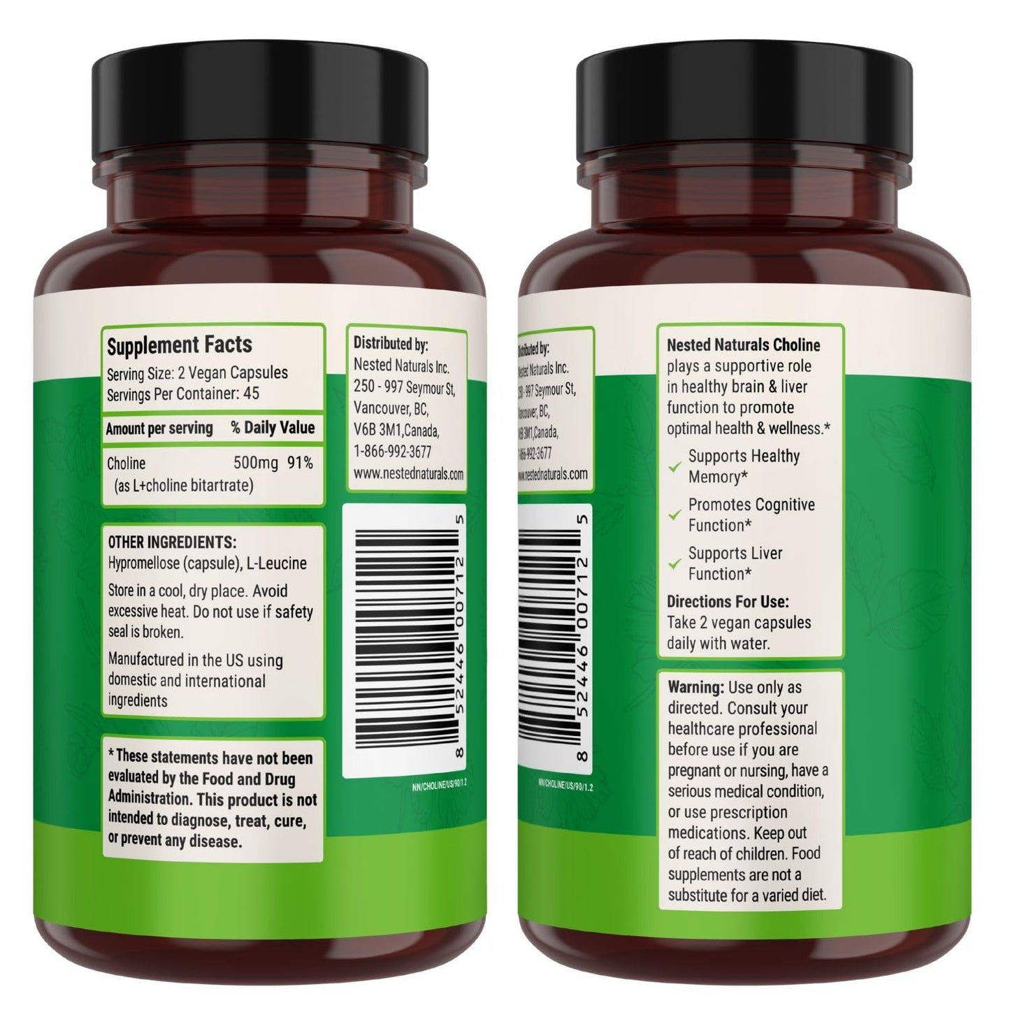 Nested Naturals Choline Bitartrate 500mg Per Serving - High Potency Choline Supplements - Supports Cognitive Performance & Liver Function - PrimeBioHealth - canada supplements
