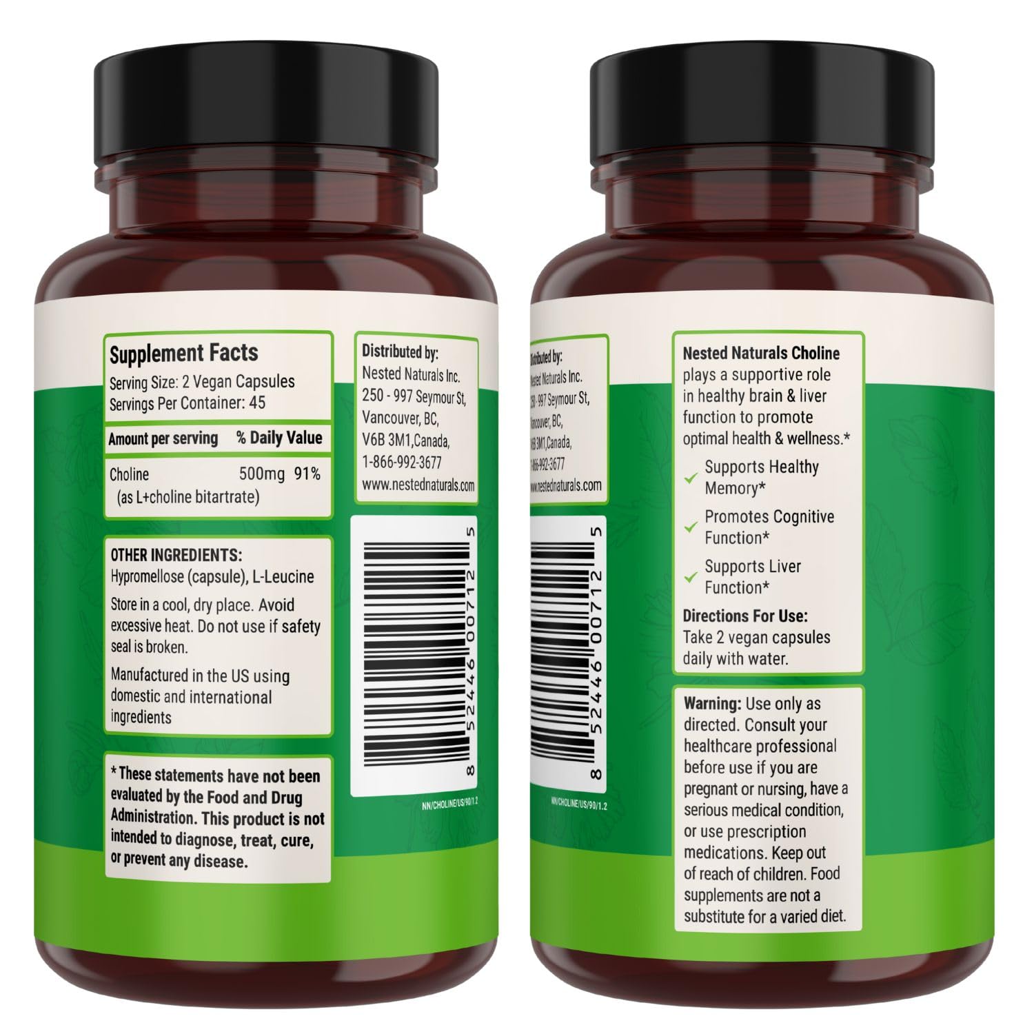 Nested Naturals Choline Bitartrate 500mg Per Serving - High Potency Choline Supplements - Supports Cognitive Performance & Liver Function - PrimeBioHealth - canada supplements