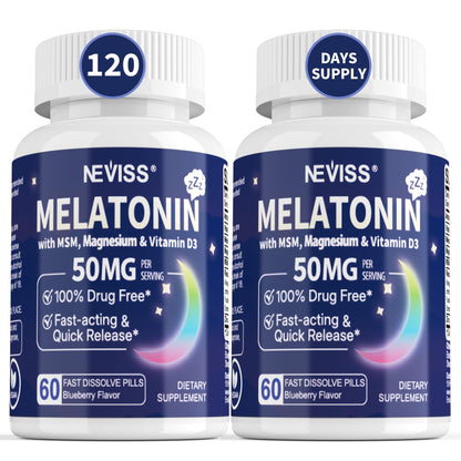 NEVISS Melatonin 50 mg for Adults - Extra Strength 9-in-1 Fast Dissolve Sublingual - High Dose with Magnesium Glycinate, Vitamin D3, Ashwagandha, Lemon Balm, Chamomile, Sugar Free,Vegan 120 Tablets - PrimeBioHealth - canada supplements