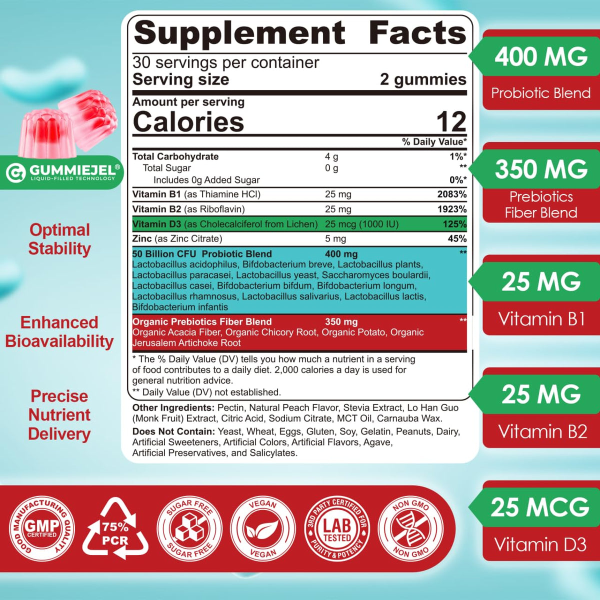 NEVISS Probiotic + Prebiotic Gummies for Adults & Kids 4+, Sugar Free Chewable 50 Billion CFUs w/Fiber, Vitamin B1 B2 D3 & Zinc, for Digestive & Gut Health - PrimeBioHealth - canada supplements