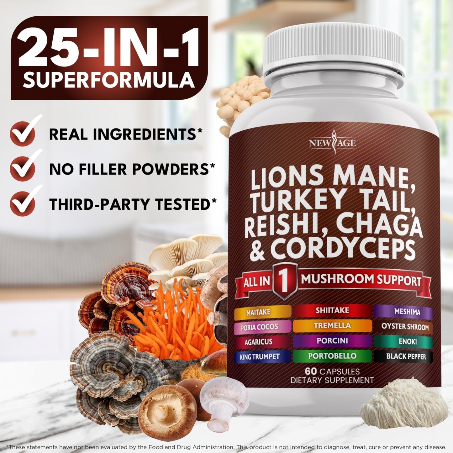 NEW AGE Lions Mane Mushroom Supplement with Turkey Tail Reishi Cordyceps Chaga with Marshmallow Root - 120 Count - PrimeBioHealth - canada supplements
