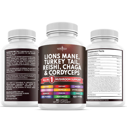 NEW AGE Lions Mane Mushroom Supplement with Turkey Tail Reishi Cordyceps Chaga with Marshmallow Root - 120 Count - PrimeBioHealth - canada supplements