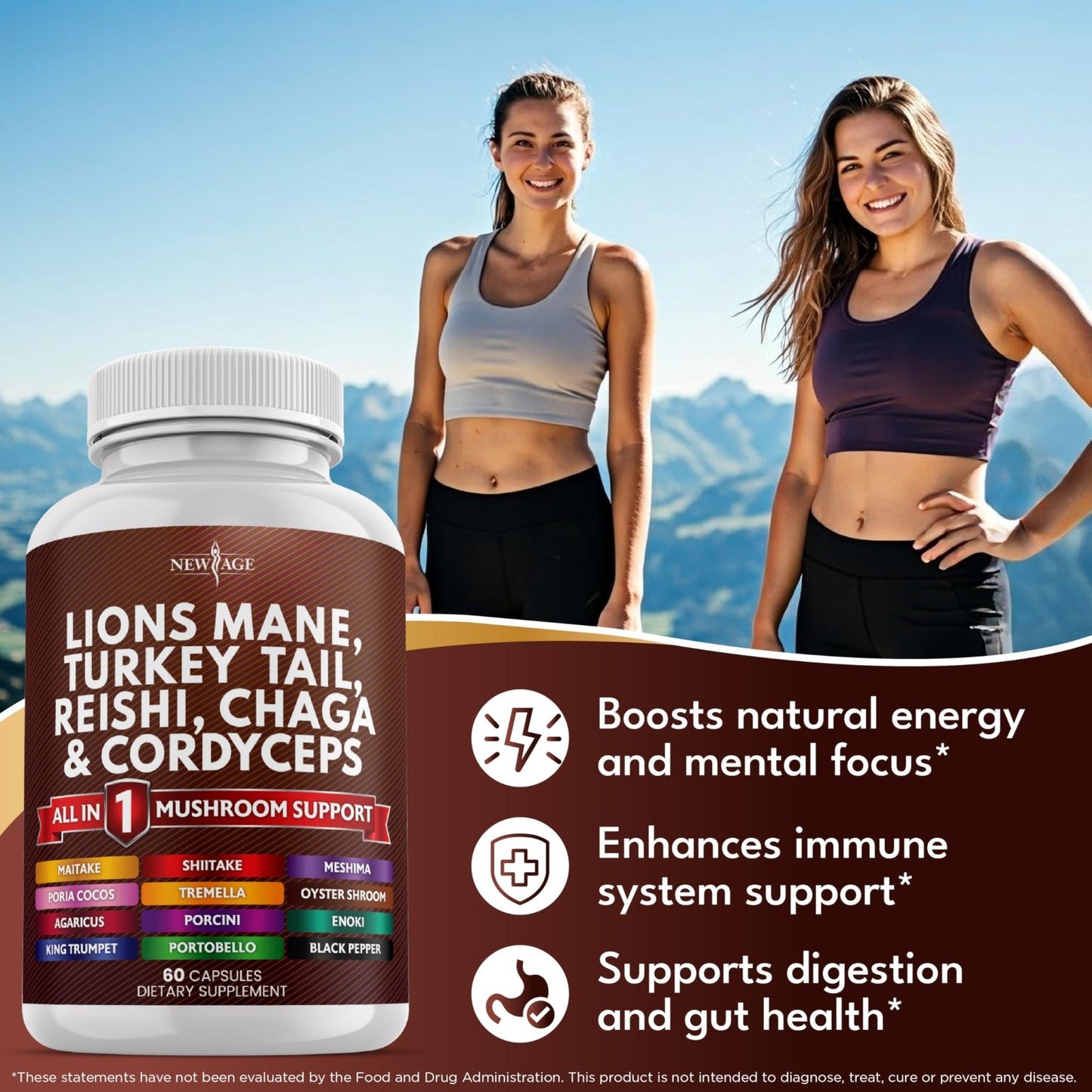 NEW AGE Lions Mane Mushroom Supplement with Turkey Tail Reishi Cordyceps Chaga with Marshmallow Root - 120 Count - PrimeBioHealth - canada supplements