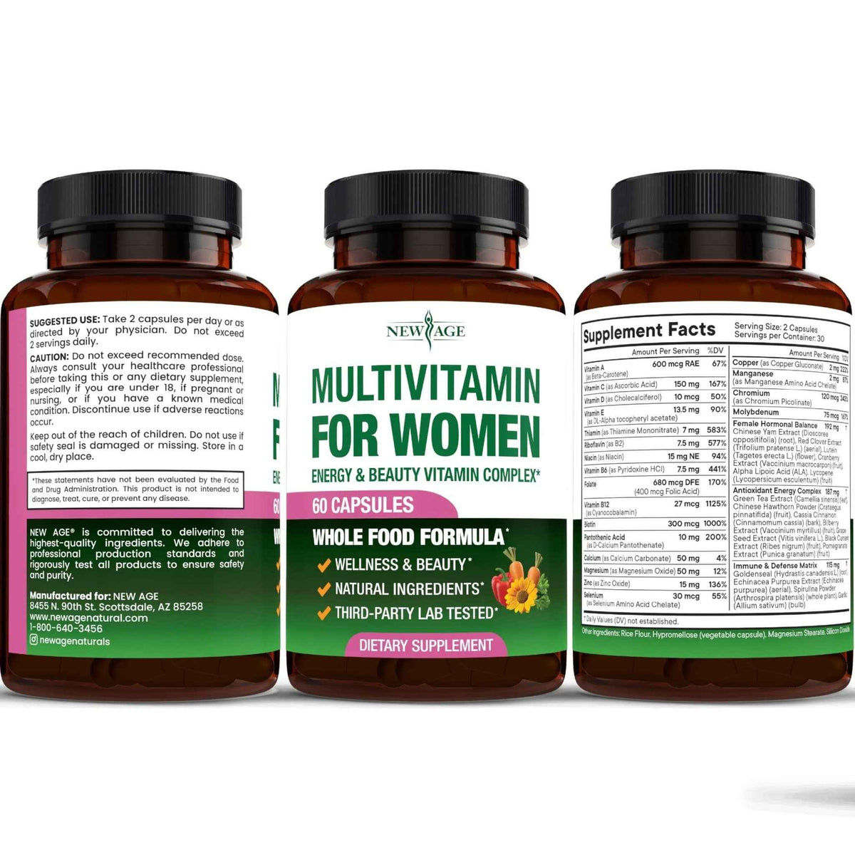 NEW AGE Multivitamin for Women - B-Complex, Whole Foods, Hair Support, Iron - All in1 Womens Multivitamin