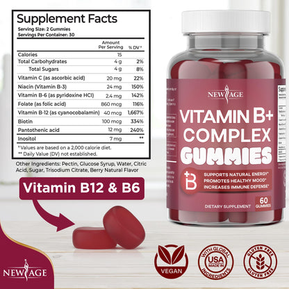 NEW AGE Vitamin B Complex Gummies with Vitamin B3, B6, & B12 – with Biotin, Folic Acid & Vitamin C – Gluten-Free, Vegan - PrimeBioHealth - canada supplements
