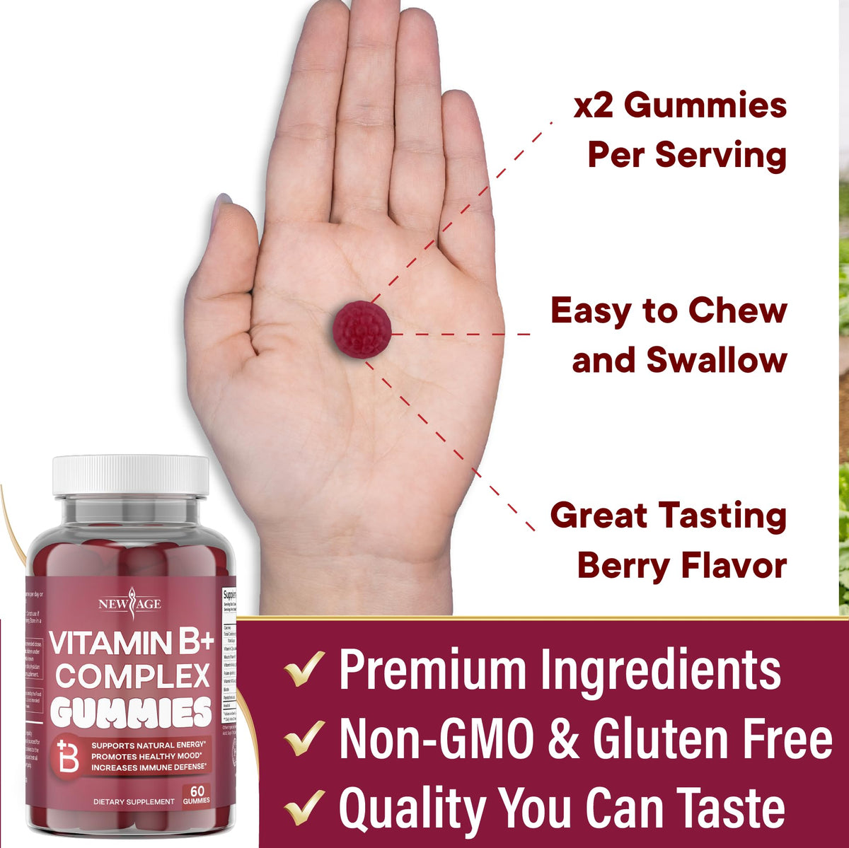 NEW AGE Vitamin B Complex Gummies with Vitamin B3, B6, & B12 – with Biotin, Folic Acid & Vitamin C – Gluten-Free, Vegan - PrimeBioHealth - canada supplements