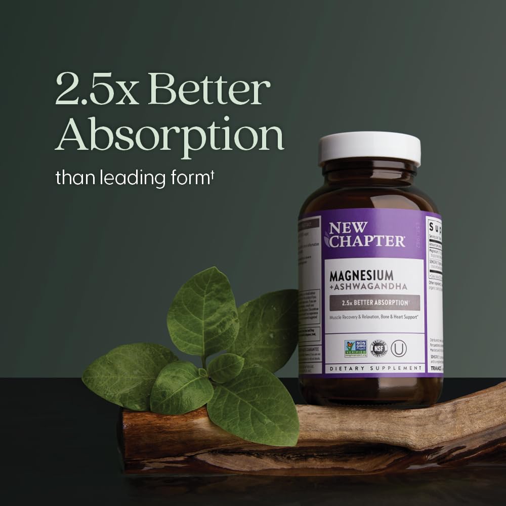 New Chapter Magnesium + Ashwagandha Supplement, 325 mg with Magnesium Glycinate for Muscle Relaxation & Recovery, Heart, Nerve & Bone Health, 2.5X Absorption - PrimeBioHealth - canada supplements