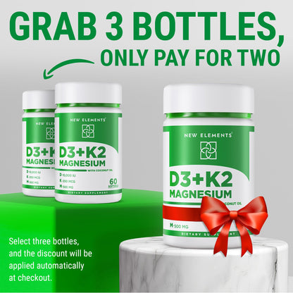 New Elements Vitamin D3 K2 10,000 IU with Magnesium Glycinate 500mg - Bone Health, Immune Support, Energy & Mood - Non-GMO, Gluten-Free - PrimeBioHealth - canada supplements