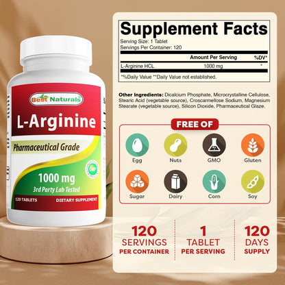 (New Improved Formula) Best Naturals L-Arginine 1000 mg 120 Tablets - Pharmaceutical Grade L Arginine Supplement - PrimeBioHealth - canada supplements