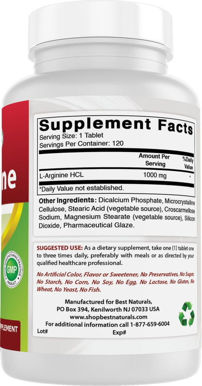 (New Improved Formula) Best Naturals L-Arginine 1000 mg 120 Tablets - Pharmaceutical Grade L Arginine Supplement - PrimeBioHealth - canada supplements