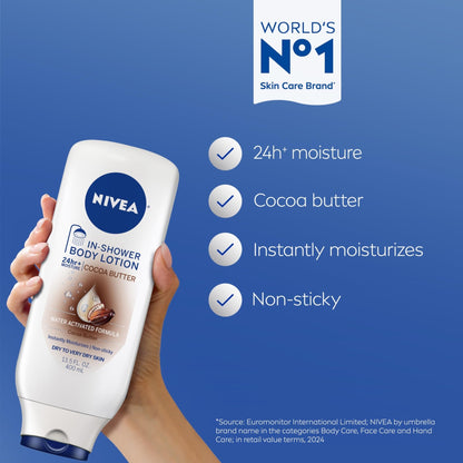 NIVEA Cocoa Butter In Shower Lotion, Water Activated In Shower Moisturizer for Dry Skin to Very Dry Skin, 13.5 FL OZ Bottle - PrimeBioHealth - canada supplements