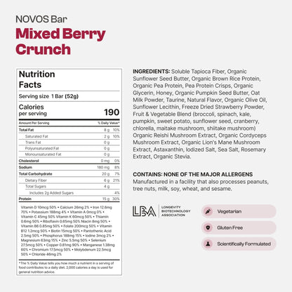 Novos Longevity Protein Bar | 15g Protein, 20 Superfoods, 5 Longevity Ingredients for Men & Women | Supports Skin, Mind & Mood | Mixed Berry Crunch (12-Pack) - PrimeBioHealth - canada supplements